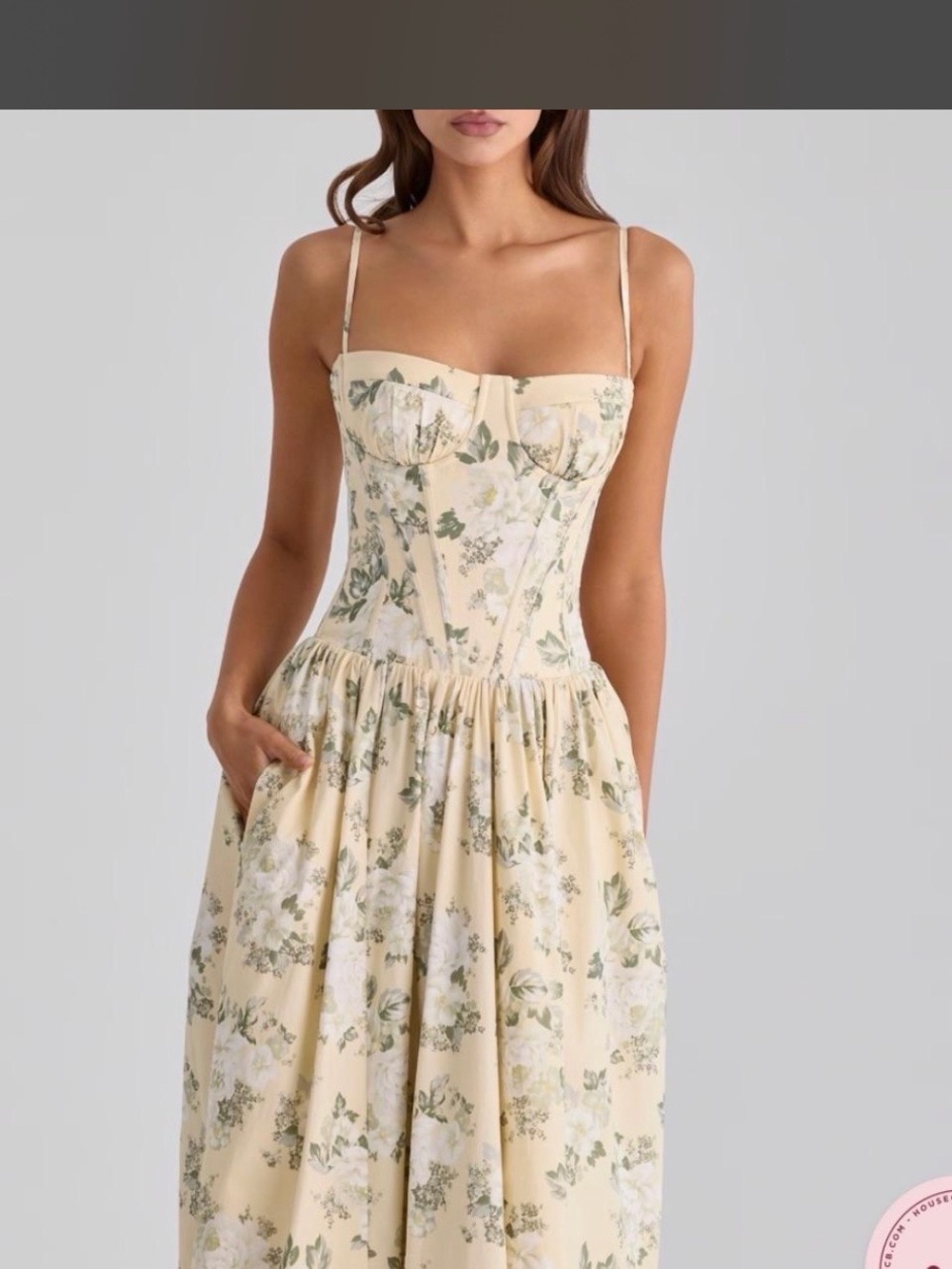 House of CB Pale Yellow Floral Bustier Midi Dress